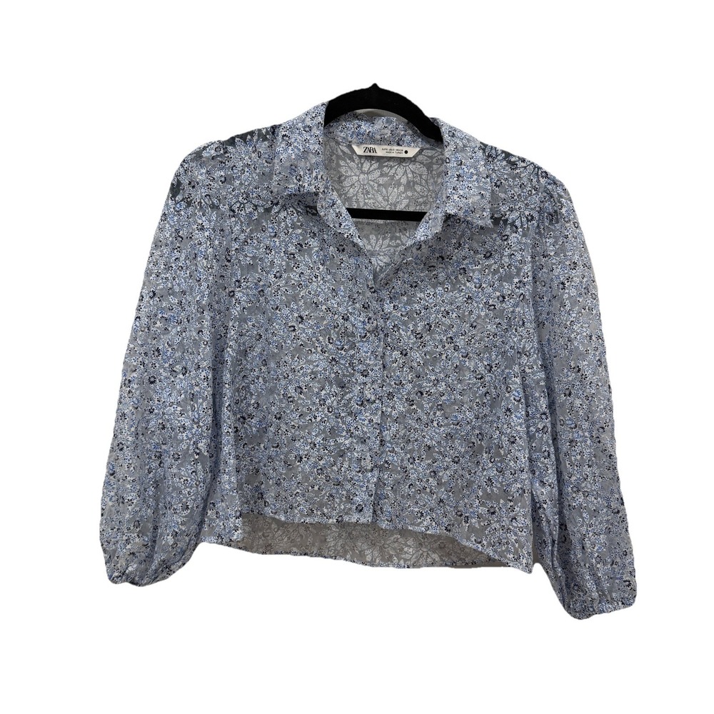 Women's Zara Cropped Sheer Floral Blouse Blue Size Small‎ S
